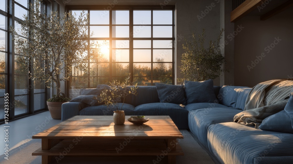 Obraz premium Modern cozy living room interior with sunlight plants neutral furnishings and soft textures photographed editorially to convey lifestyle culture contemporary home decor archit