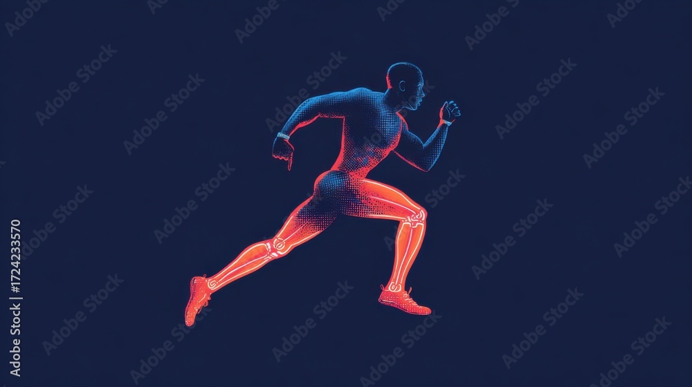 Fototapeta premium Dynamic Runner in a Futuristic Design Showcasing Human Anatomy During a Sprint With Glowing Highlights and a Dark Background