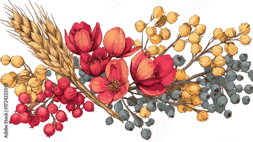 Vibrant Wild Cereal and Berry Inflorescences in A