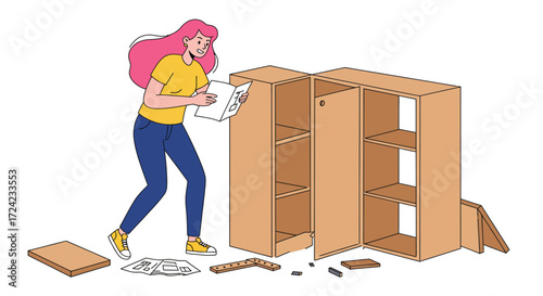 Woman assembling flat pack furniture in casual flat design illustration