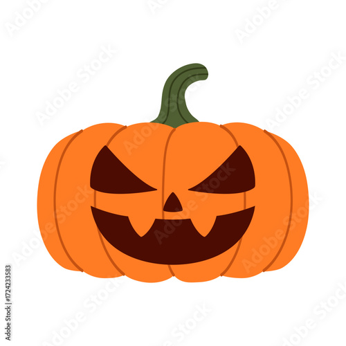 Round pumpkin with creepy carved face, slanted eyes and wide sharp smile. Classic spooky Halloween jack-o’-lantern design. Flat vector fall illustration. Isolated background. Hand-drawn.