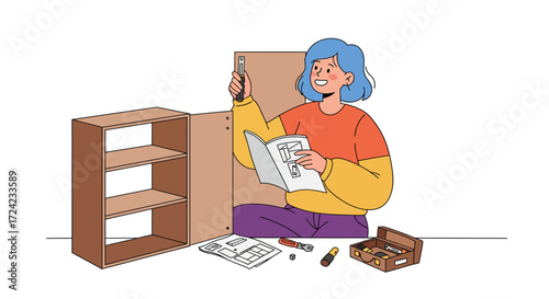 Person assembling furniture with instruction manual in hand