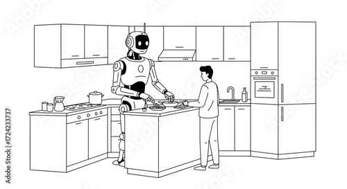 Robot and person cooking together in modern kitchen