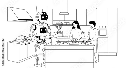 Robot assisting family cooking in modern kitchen line art