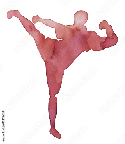 Wallpaper Mural Dynamic silhouette of a martial artist executing a high kick in vibrant watercolor style Torontodigital.ca