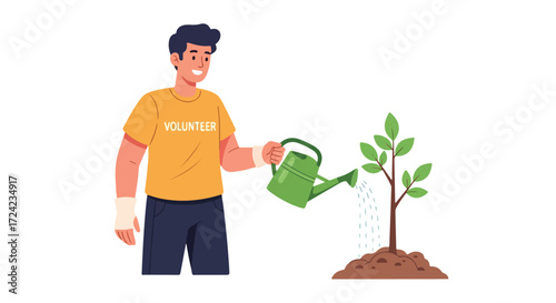 Man watering a young plant sapling.