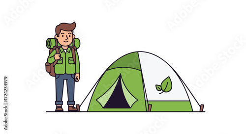 Happy male hiker with backpack standing next to a green camping tent.