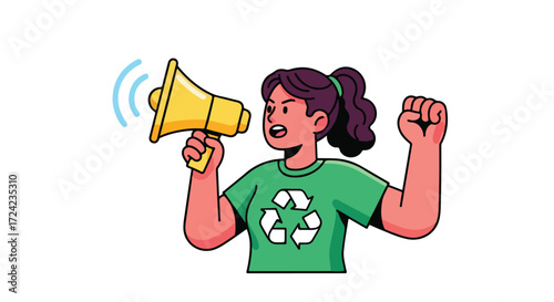 Woman Activist with Megaphone Promoting Recycling.