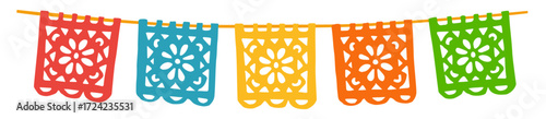 Papel picado banner garland, colorful Mexican fiesta flags. Traditional decor bunting. Cinco de Mayo, Day of the Dead, Dia de Muertos, fiestas, party celebrations. Flat vector illustration isolated.