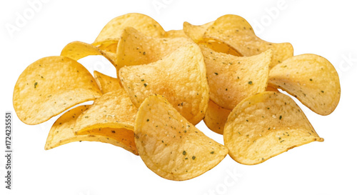Pile of seasoned potato chips, crispy and crunchy, isolated on a transparent background, perfect for snacking and parties