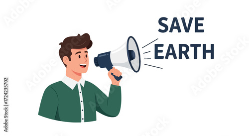 Man using megaphone to promote saving the earth.