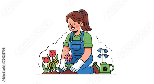 Woman gardening, planting flowers, enjoying nature.