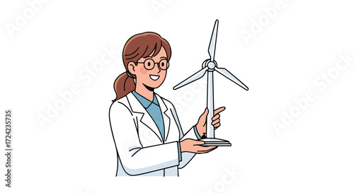 Scientist Holding Wind Turbine Model Demonstrating Renewable Energy.