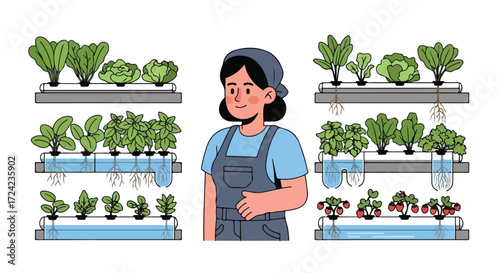 Hydroponic gardening system with woman tending plants.
