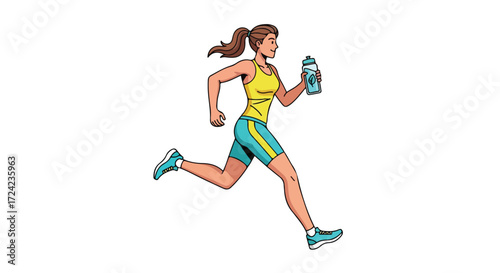 Woman Running with Water Bottle, Active Lifestyle, Healthy Habits, Exercise, Fitness, Sport.
