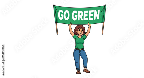 Cartoon Woman Holding a Go Green Banner for Environmental Protest.
