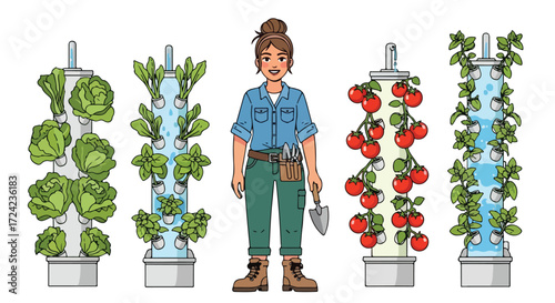 Woman tending vertical hydroponic garden towers.
