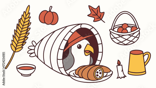 Funny Parrot with snuggled in a sock, set in a charming Thanksgiving theme – Grateful Harvest color vector art