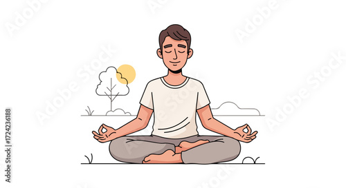 Man meditating peacefully in a serene outdoor setting.