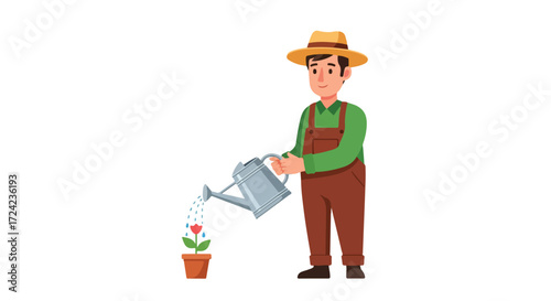 Gardener watering a potted plant with a watering can.