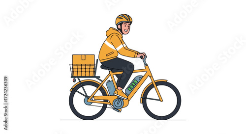 Delivery person riding electric bicycle with box on the back ready to deliver.