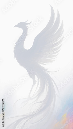 An illustration in monochrome gray tones of a silhouette of a fantastic bird in the fog with outstretched wings and a long feathered tail. Vector graphics. EPS.