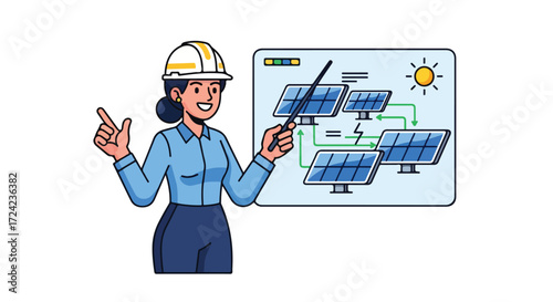 Female engineer presenting solar panel system diagram.