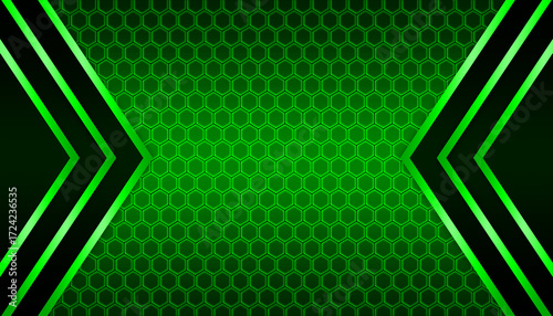 Green hexagonal neon light space black side geometry abstract technology background