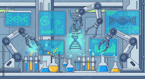 Automated DNA Research Robotic Arms Manipulating Genetic Material in a Futuristic Lab