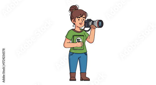 Cartoon woman with camera taking a photo, focused and ready.