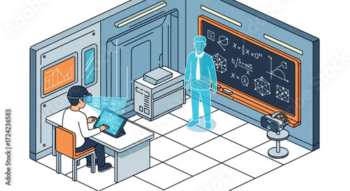 Futuristic Classroom Student Learning with Hologram Teacher in a Modern, Tech-Driven Educational Space