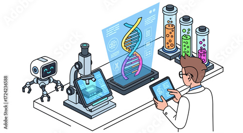 Futuristic biotechnology concept showing a scientist in a modern laboratory analyzing a holographic DNA helix with advanced technology and a robot assistant