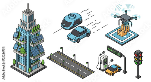 Futuristic city scene showcasing eco-friendly skyscrapers, autonomous vehicles, drone delivery, and electric charging stations.