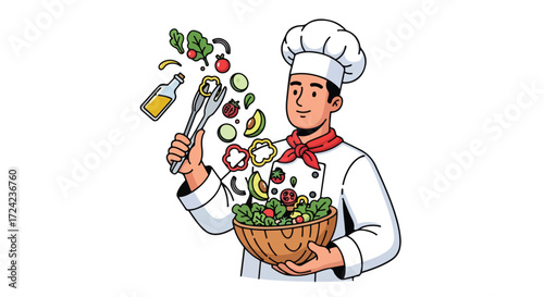 Chef Tossing Salad Ingredients with Enthusiasm and Skill.