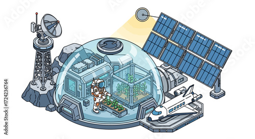 Astronaut tending plants inside a futuristic space habitat, powered by solar panels and supported by communication systems.