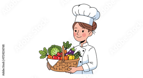 Chef holding a basket full of fresh vegetables and fruits.