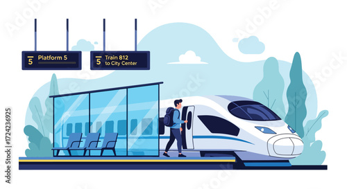 flat style Illustration of a traveler boarding a modern high-speed train at the station platform, symbolizing public transport, eco-friendly travel, and fast urban or intercity commuting