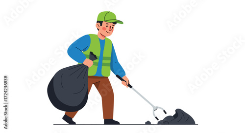 Man in green vest picking up trash with a grabber tool.