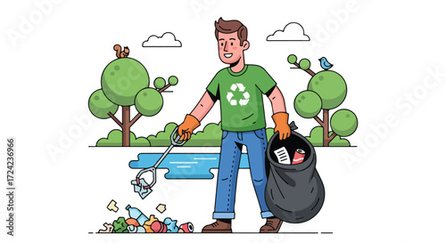 Man Cleaning Up Litter in Park.