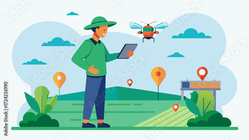 A farmer utilizes a cloudbased platform that analyzes data from IoTbased sensors to create a dynamic map of pest hotspots in their field aiding in targeted pest control measures.. Vector illustration
