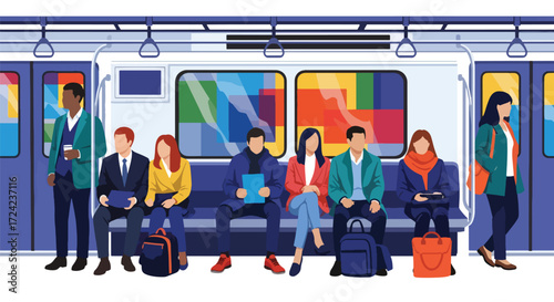 flat style Illustration of passengers sitting and standing inside a subway train, symbolizing daily commuting, urban lifestyle, public transportation, and eco-friendly city travel