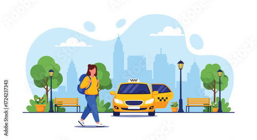 flat style Illustration of a woman with luggage approaching a taxi in the city, symbolizing urban travel, airport transfers, commuting, tourism, and convenient transportation services