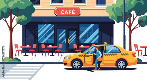 flat style Illustration of a taxi stopping outside a café with a passenger getting out, symbolizing urban lifestyle, commuting, local dining, and convenient city transportation for business or leisure