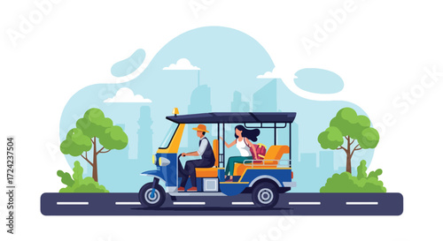 flat style Illustration of a tuk-tuk ride in the Bangkok city with driver and passenger, representing traditional transport, tourism, travel lifestyle, and urban mobility in Southeast Asia