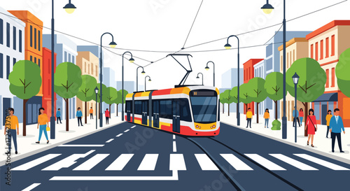 flat style Illustration of a modern tram moving through a city street with pedestrians, trees, and buildings, symbolizing eco-friendly transport, urban mobility, and sustainable public transportation