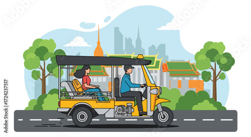 flat style Illustration of a tuk-tuk ride in the Bangkok city with driver and passenger, representing traditional transport, tourism, travel lifestyle, and urban mobility in Southeast Asia