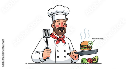 Chef preparing a burger in a pan, focused on food preparation.