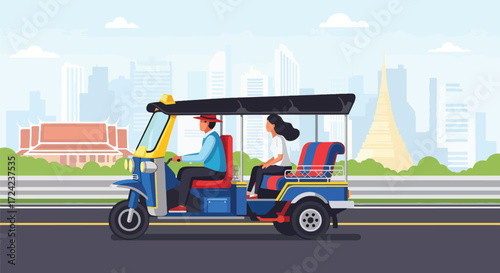 flat style Illustration of a tuk-tuk ride in the Bangkok city with driver and passenger, representing traditional transport, tourism, travel lifestyle, and urban mobility in Southeast Asia