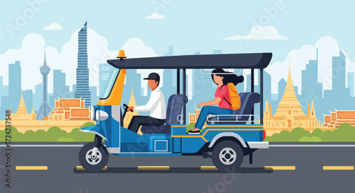 flat style Illustration of a tuk-tuk ride in the Bangkok city with driver and passenger, representing traditional transport, tourism, travel lifestyle, and urban mobility in Southeast Asia