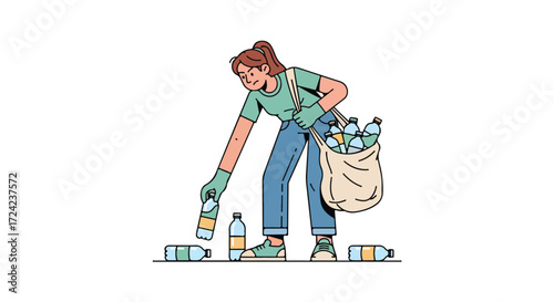 Woman Recycling Plastic Bottles, Environmental Conservation, Waste Management, Sustainable Living, Plastic Pollution, Recycling Effort.